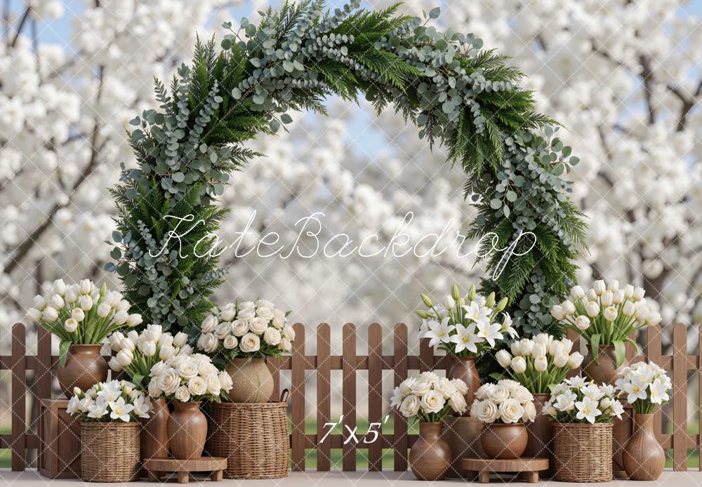 Kate Spring Flower Arch White Tulips Roses Wicker Basket Fence Spring Backdrop Designed by Mini MakeBelieve