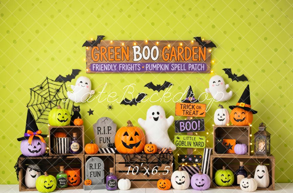 Kate Halloween Trick Or Treat Green Ghost Pumpkin Display Printed Backdrop Designed by Patty Roberts