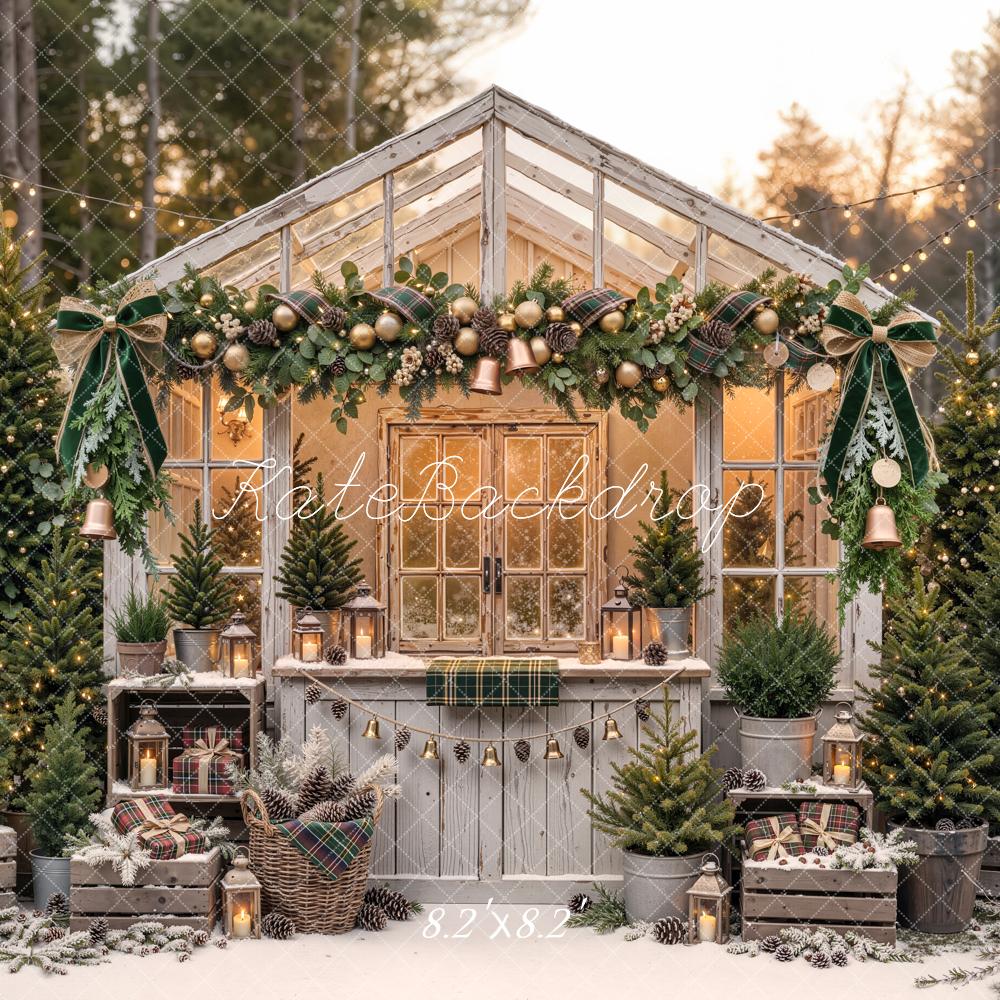 Kate Christmas Vintage Greenhouse Garland Pine Trees Printed Backdrop Designed by Emetselch