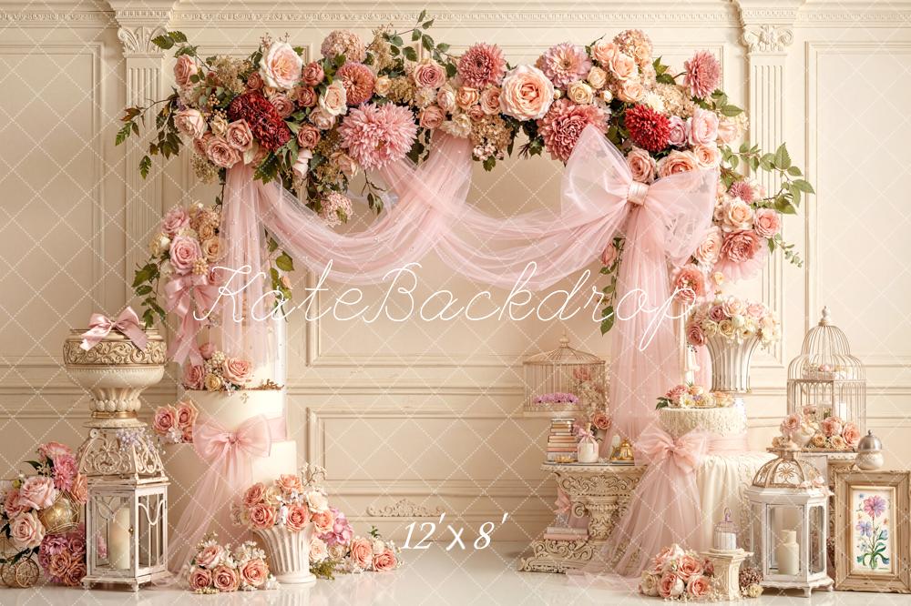 Kate Mother's Day Flower Arch Pink Roses Lanterns Birdcages Backdrop Designed by Emetselch