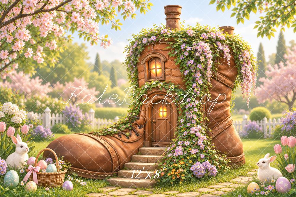 Kate Easter Boot House Bunny Flower Garden Printed Backdrop Designed by Emetselch
