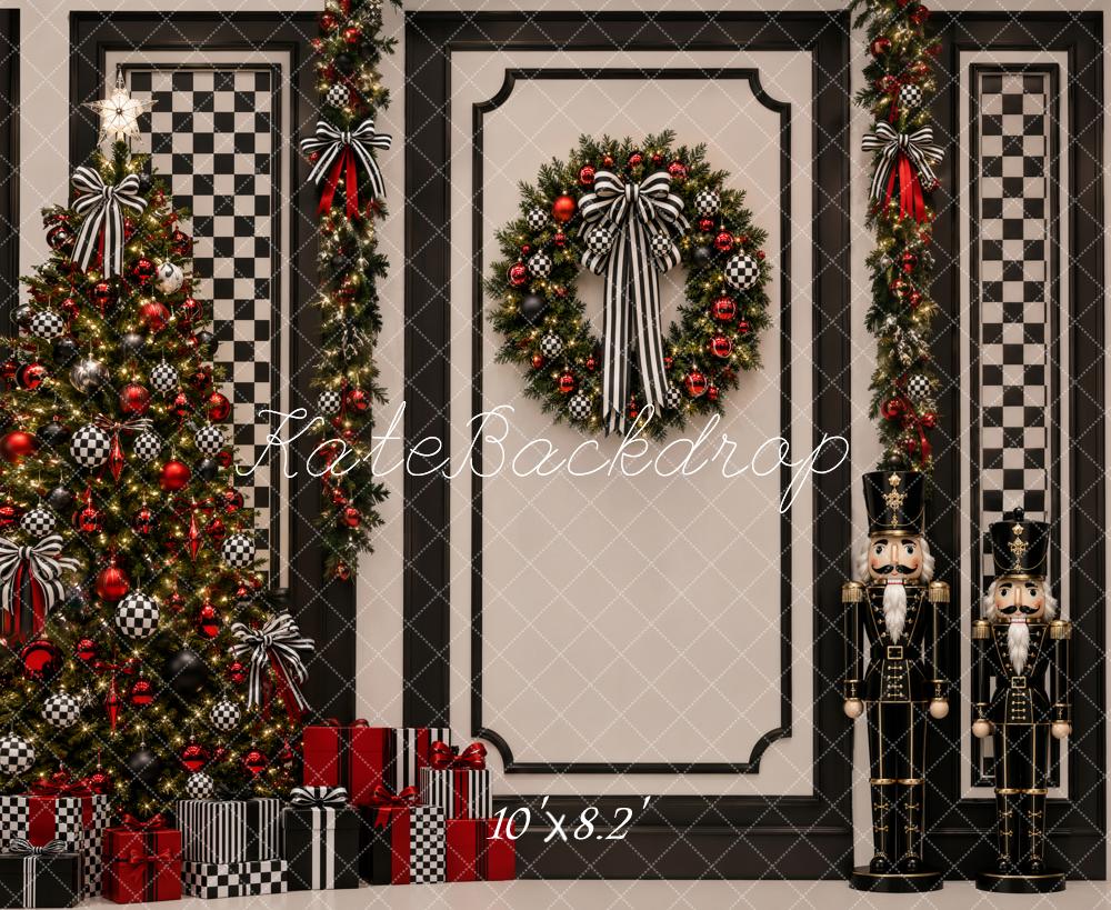Kate Christmas Nutcracker Tree Wreath Checkered Black Printed Backdrop Designed by Vertigo Productions