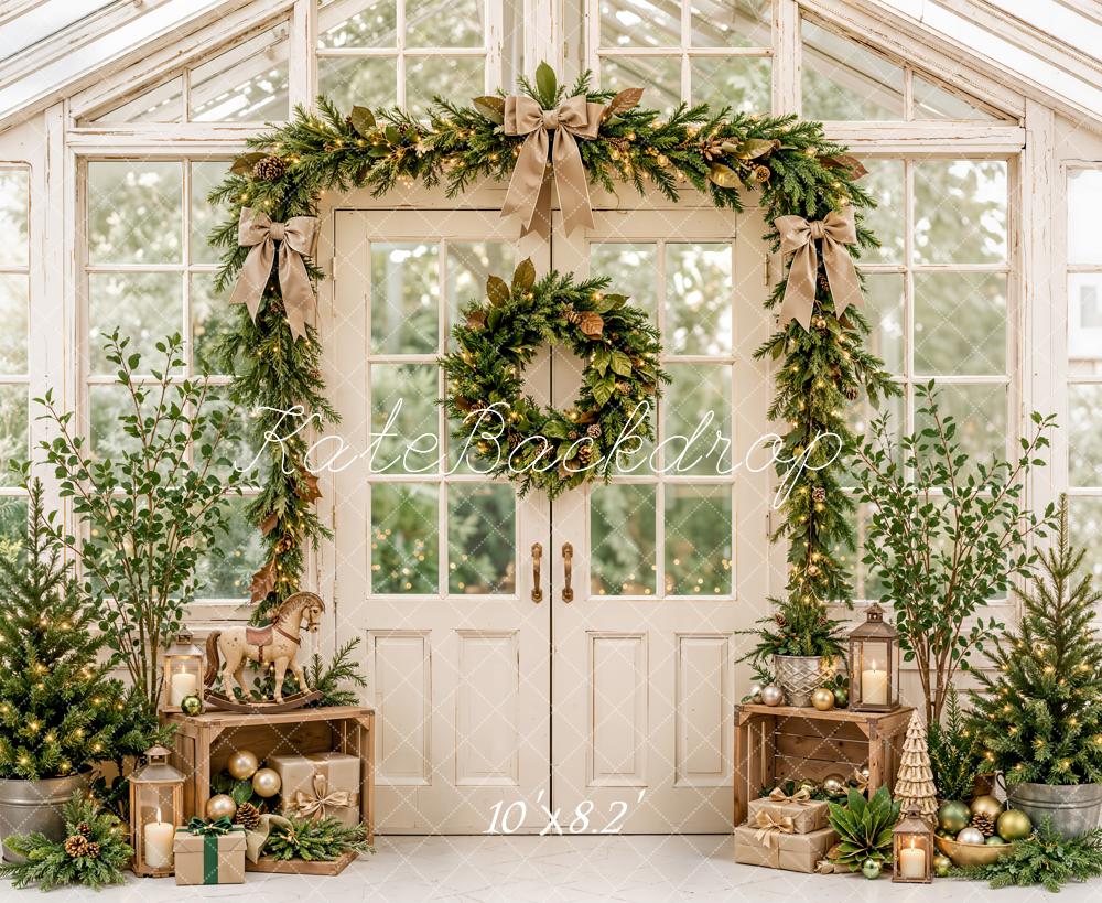 Kate Christmas Greenhouse Door Garland Evergreen Wreath Rustic Printed Backdrop Designed by Emetselch