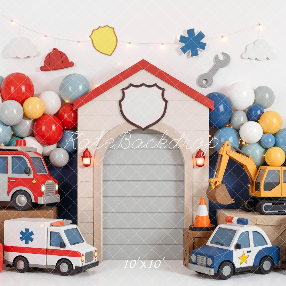 Kate Cake Smash Fire Truck Ambulance Police Car Construction Balloons Garage Printed Backdrop Designed by Mini MakeBelieve