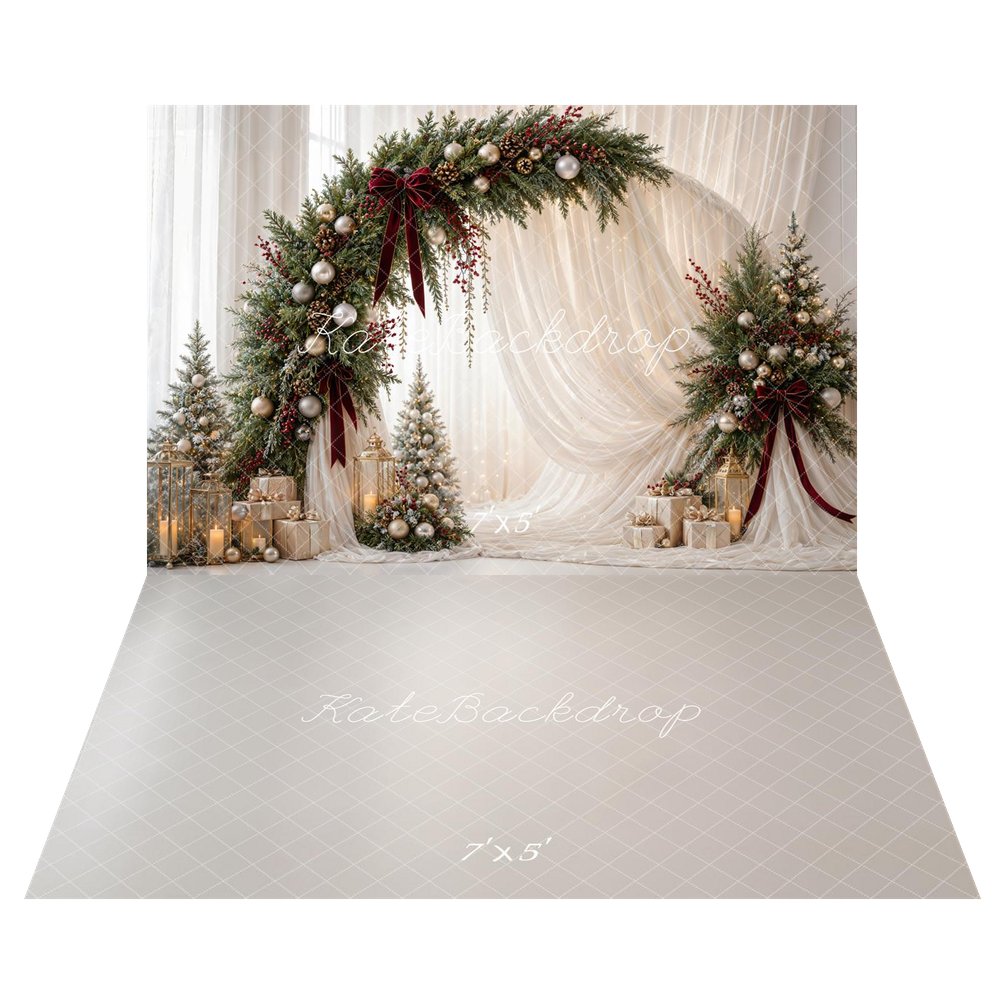 Kate Christmas Circle Flower Arch White Drapes Gold Ornaments Gifts Printed Backdrop+White Floor Printed Backdrop