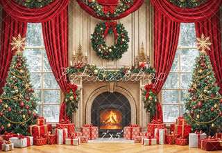 Kate Christmas Tree Fireplace Gift Red Curtains Printed Backdrop Designed by Emetselch