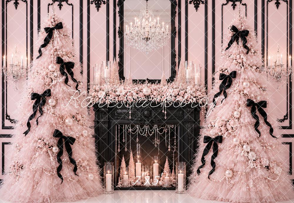 Kate Pink Fluffy Tulle Christmas Trees Black Fireplace Chandelier Printed Backdrop Designed by Ashley Paul