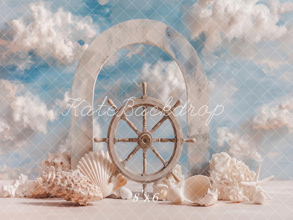 Kate Nautical Ship Wheel Seashells Coral Arch Blue Sky Backdrop Designed by Angela Miller