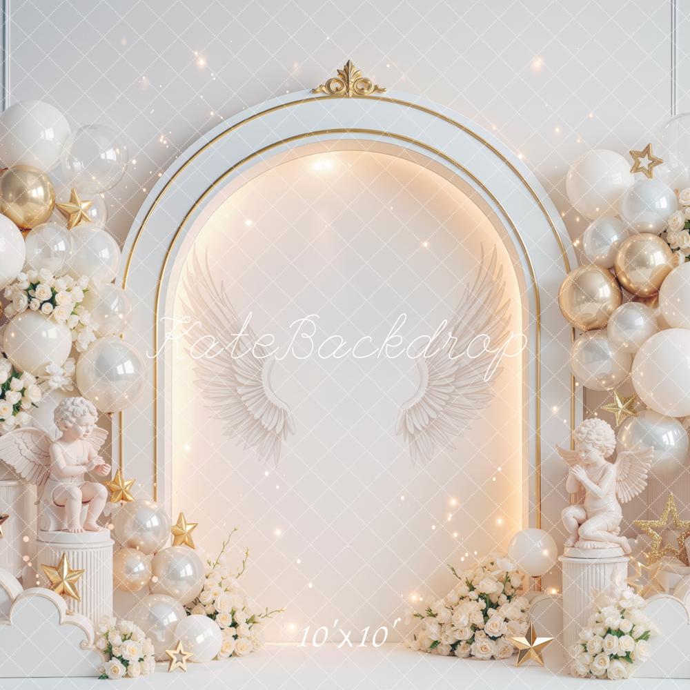 Kate Cake Smash Heaven Made Angel Arch Balloons Stars Clouds Printed Backdrop Designed by Mini MakeBelieve
