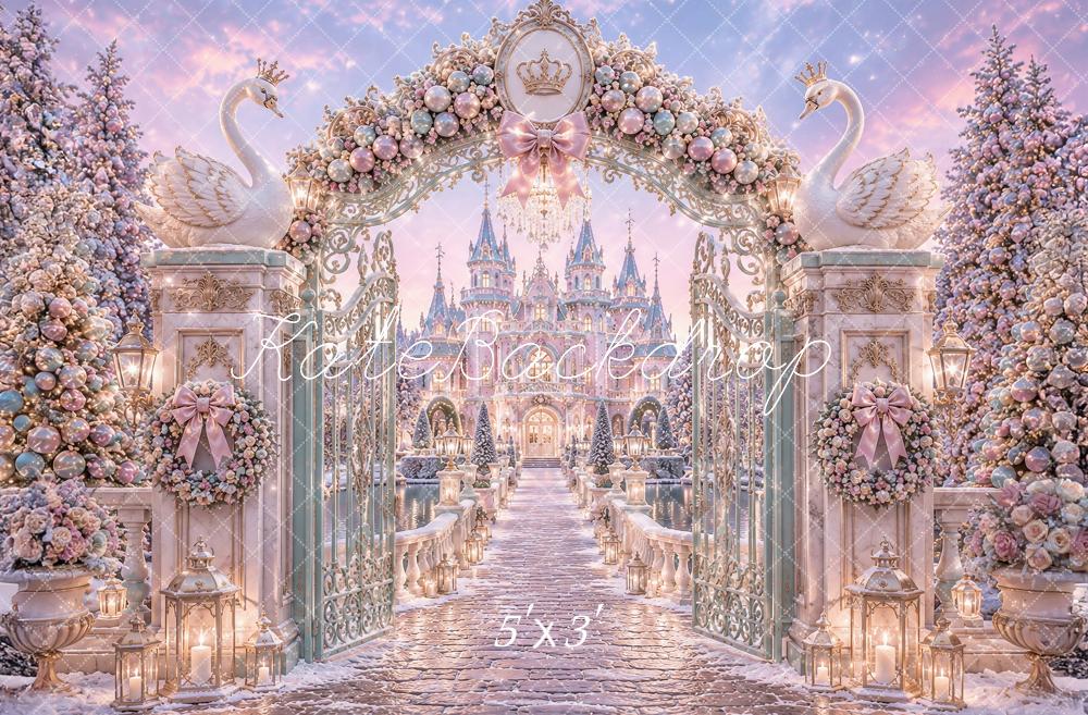 Kate Christmas Swan Princess Castle Gate Flower Arch Path Printed Backdrop Designed by Ashley Paul