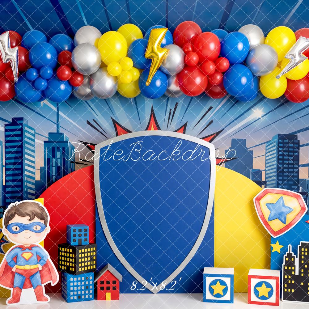 TEST Kate Superhero City Skyline Comic Balloons Shield Printed Backdrop Designed by Patty Roberts
