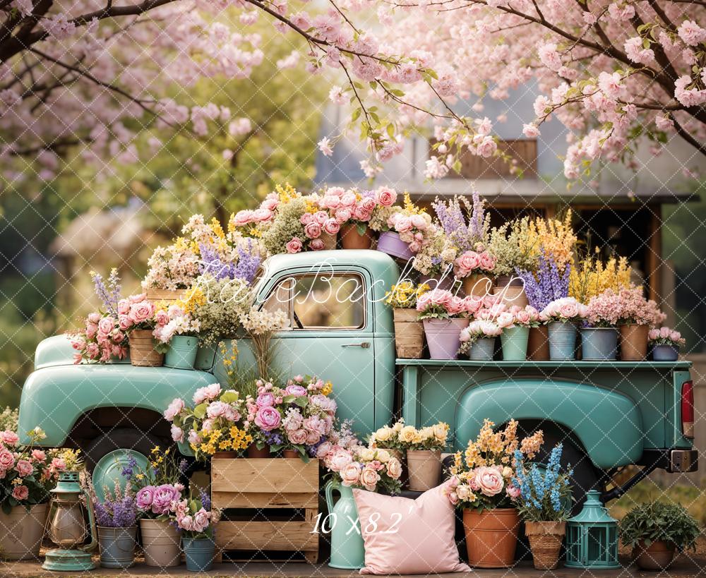 Kate Spring Vintage Truck Flower Pots Garden Printed Backdrop Designed by Emetselch