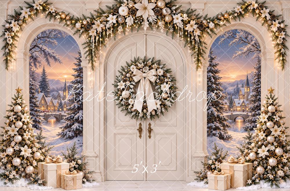 Kate Christmas Arch Door Snowy Village Wreath Trees Printed Backdrop Designed by Emetselch