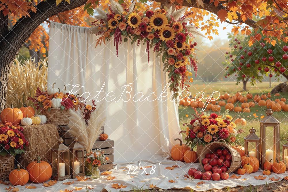 Kate Fall Sunflower Branch Arch Drapes Pumpkins Apples Lanterns Picnic Printed Backdrop Designed by Mini MakeBelieve