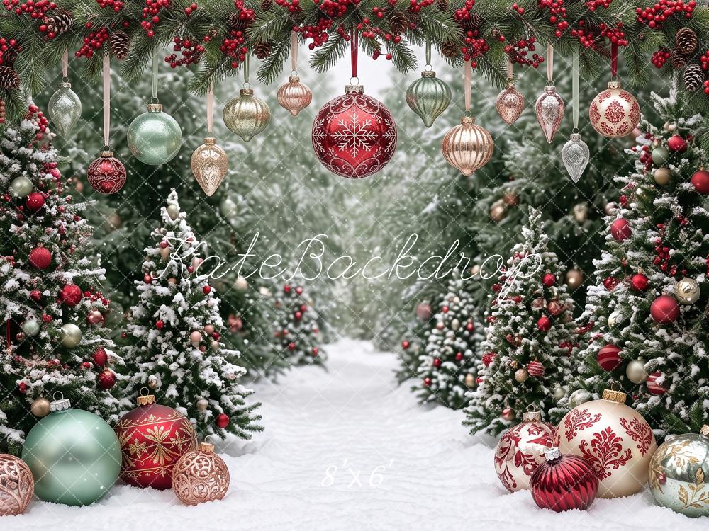 Kate Christmas Snowy Trees Ornament Garland Winter wonderland Printed Backdrop Designed by Angela Miller