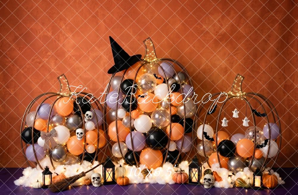 Kate Halloween Cake Smash Gold Pumpkin Balloons Witch Hat Printed Backdrop Designed by Patty Roberts