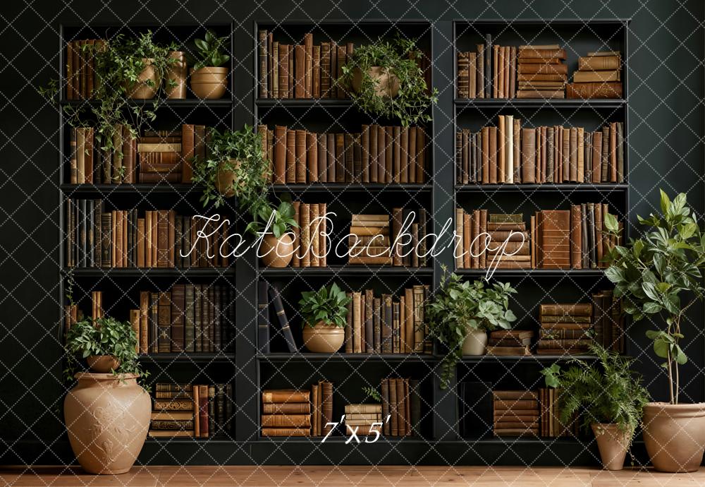 Kate Bookshelf With Potted Plants And Vintage Books Printed Backdrop Designed by Emetselch