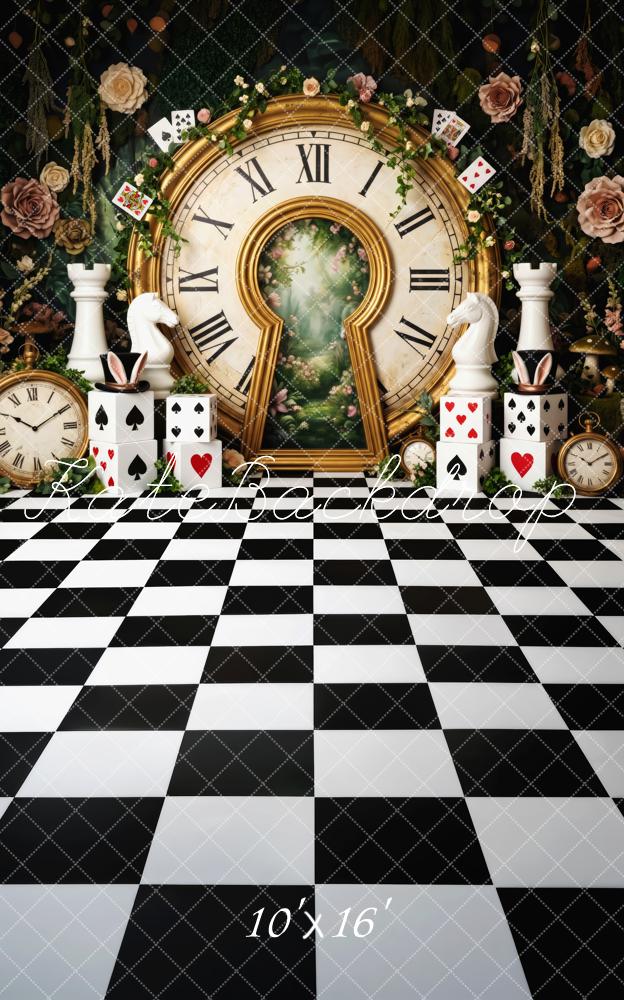 Kate Sweep Alice Garden Clock Room Wonderland Chessboard Playing Cards Printed Backdrop Designed by Patty Roberts