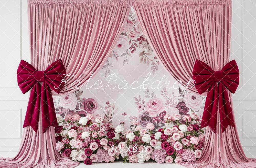 Kate Mother's Day Pink Curtain Floral Wall with Red Bows Backdrop Designed by Patty Roberts