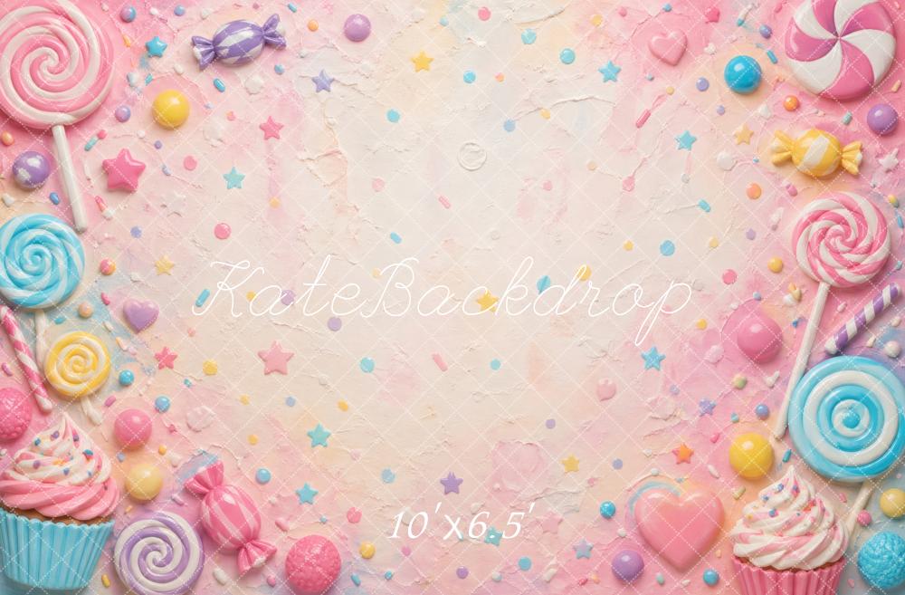 Kate Birthday Pastel Candy Cupcakes Lollipops Sweets Printed Backdrop Designed by Vertigo Productions