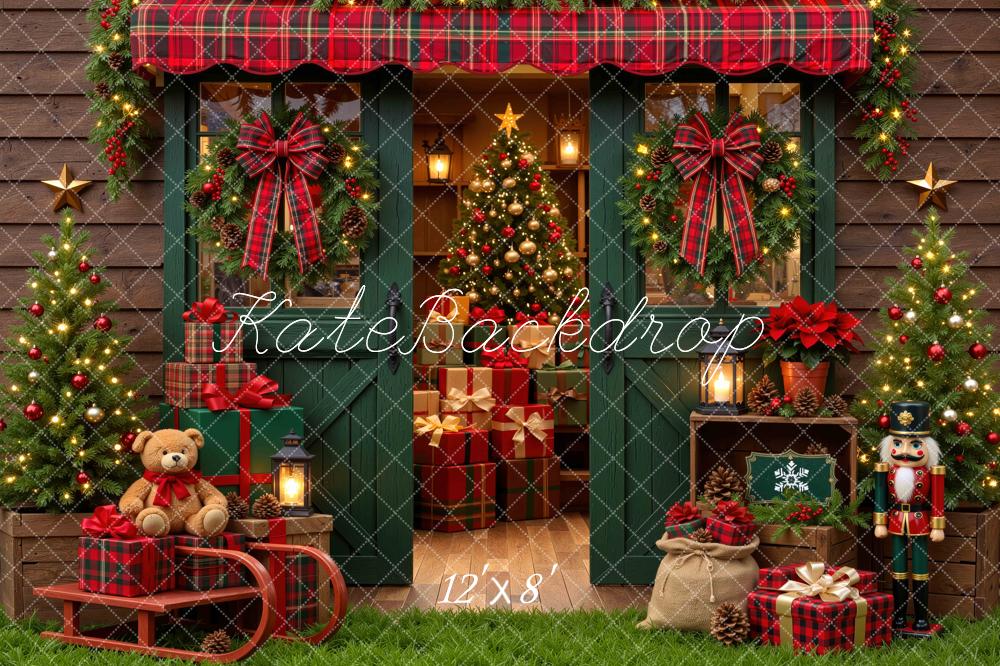 Kate Christmas Storefront Porch Plaid Trees Presents Nutcracker Printed Backdrop Designed by Mini MakeBelieve