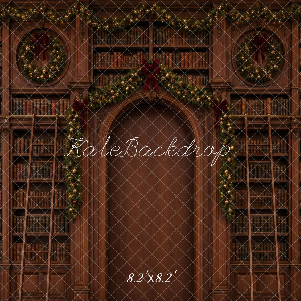 Kate Christmas Library Bookshelves Garland Printed Backdrop Designed by Vertigo Productions