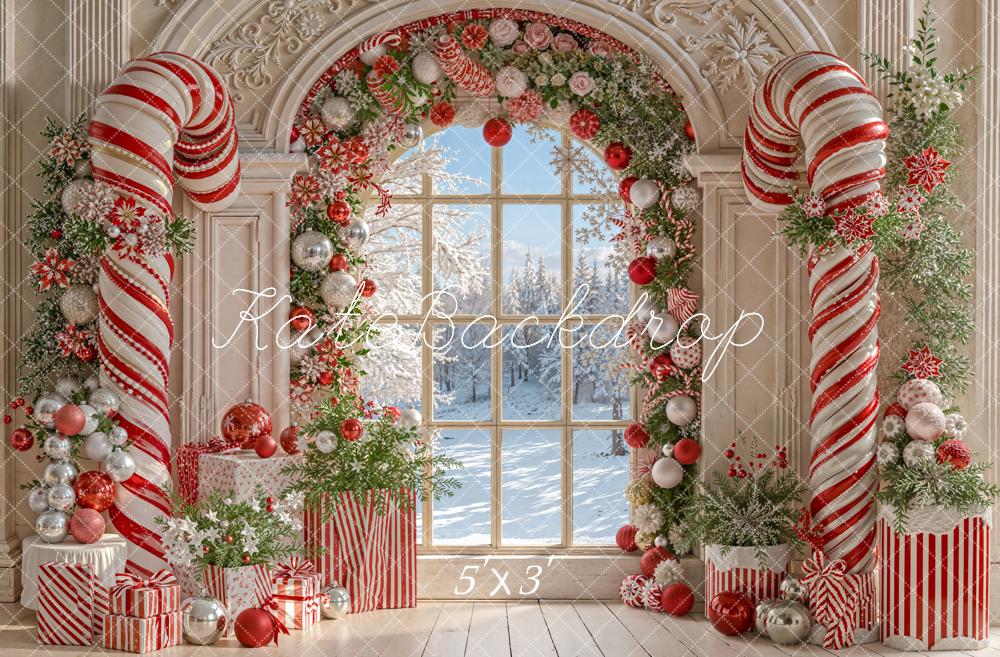 Kerst Snoepstok Retro Boogvenster Foto Achtergrond Designed by Emetselch