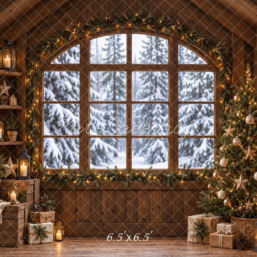 Kate Christmas Rustic Cabin Arched Window Christmas Tree Printed Backdrop Designed by Emetselch
