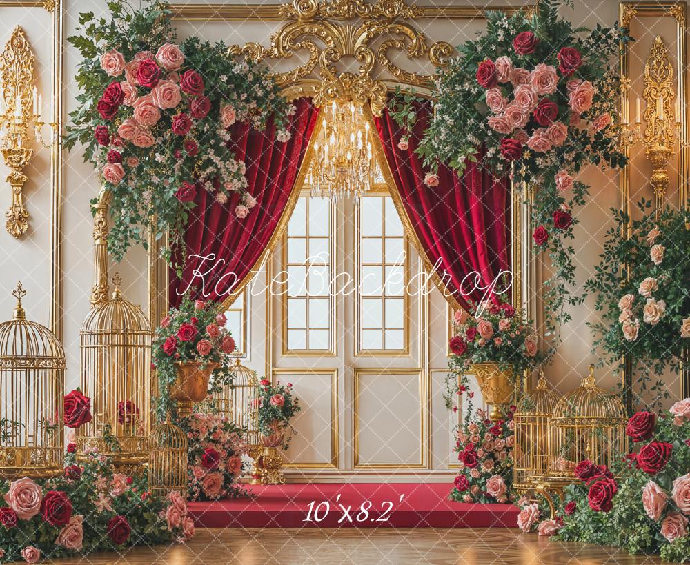Kate Valentine's Day Red Curtain Gold Door Flower Arch Birdcage Backdrop Designed by Emetselch