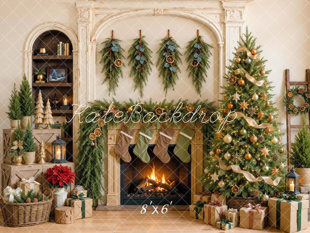 Kate Christmas Fireplace Tree Stockings Int Orange Peels Garland Printed Backdrop Designed by Mini MakeBelieve