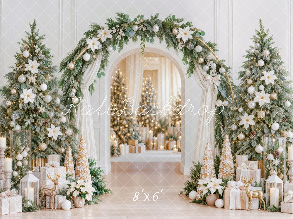 Kate Christmas Poinsettia Greenery Arch Decorated Trees Printed Backdrop Designed by Mini MakeBelieve
