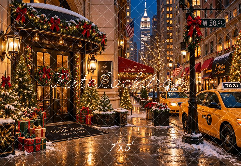 Kate Christmas Shop Snowy City Street Taxis Printed Backdrop Designed by Shutter Swan Studios