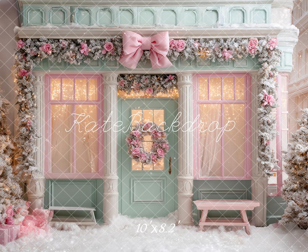 Kate Christmas Pink Shop Front Floral Garland Bow Snow Backdrop Designed by Ashley Paul