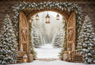 TEST Kate Christmas Rustic Barn Door Snowy Pine Trees Printed Backdrop Designed by Emetselch