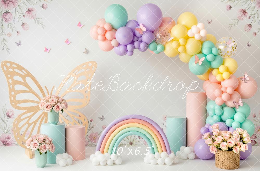 Kate Cake Smash Pastel Balloon Arch Butterfly Rainbow Flowers Printed Backdrop Designed by Patty Roberts