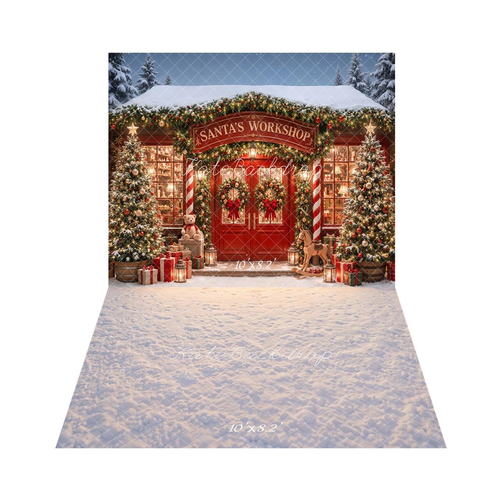 Kate Christmas Santa's Workshop Red Door Trees Presents Printed Backdrop+Snowy Ground Floor Printed Backdrop