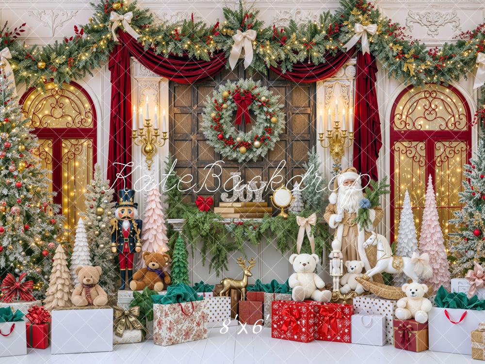 Kate Christmas Santa Claus Fireplace Mantel Garland Gifts Printed Backdrop Designed by Mini MakeBelieve