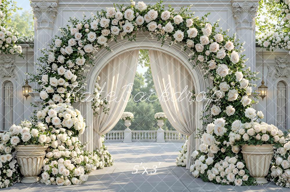 Kate Spring Flower Arch White Roses Columns Elegant Garden Backdrop Designed by Mini MakeBelieve