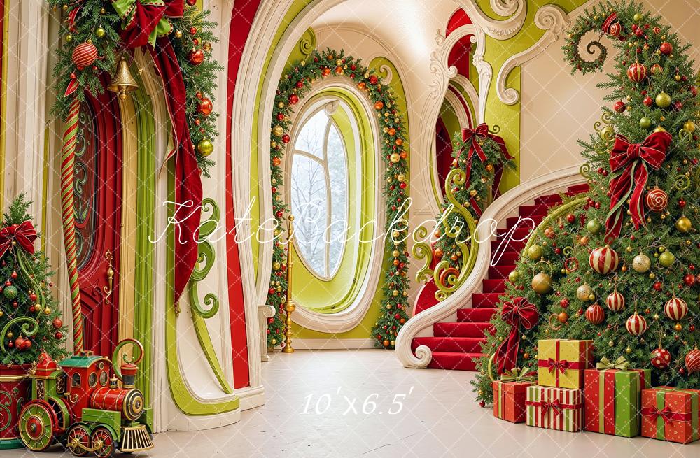 Kate Christmas Cascading Stairs Elf Hallway Tree Printed Backdrop Designed by Shutter Swan Studios