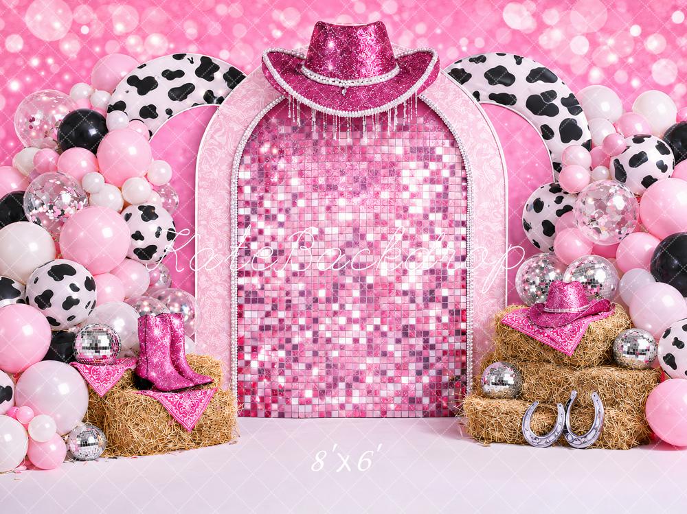 Kate Birthday Pink Cowgirl Disco Balloon Arch Printed Backdrop Designed by Ashley Paul