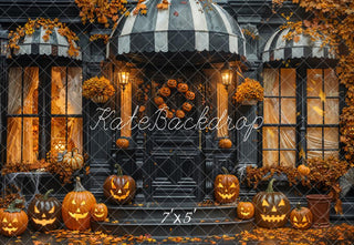 Kate Halloween Pumpkin Doorway Fallen Leaves Black Printed Backdrop Designed by Emetselch