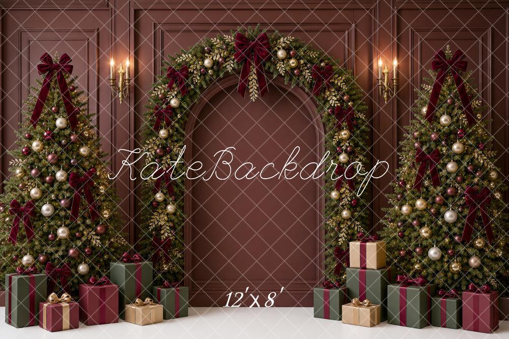 Kate Christmas Burgundy Garland Arch Trees Bow Gifts Printed Backdrop Designed by Shutter Swan Studios
