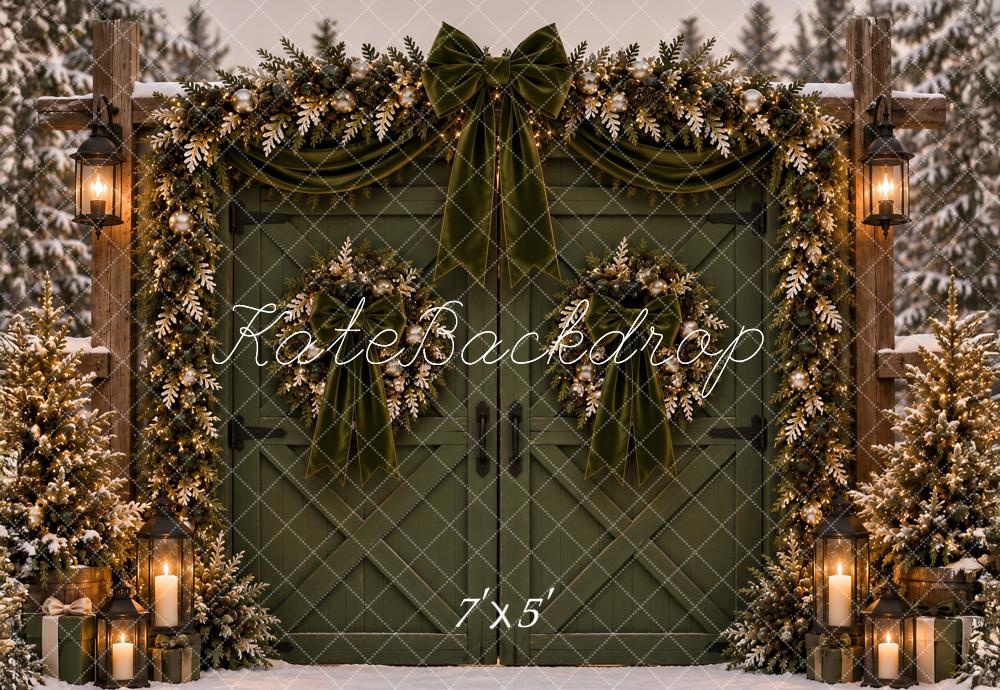 Kate Christmas Green Barn Door Garland Velvet Bow Snow Printed Backdrop Designed by Ashley Paul