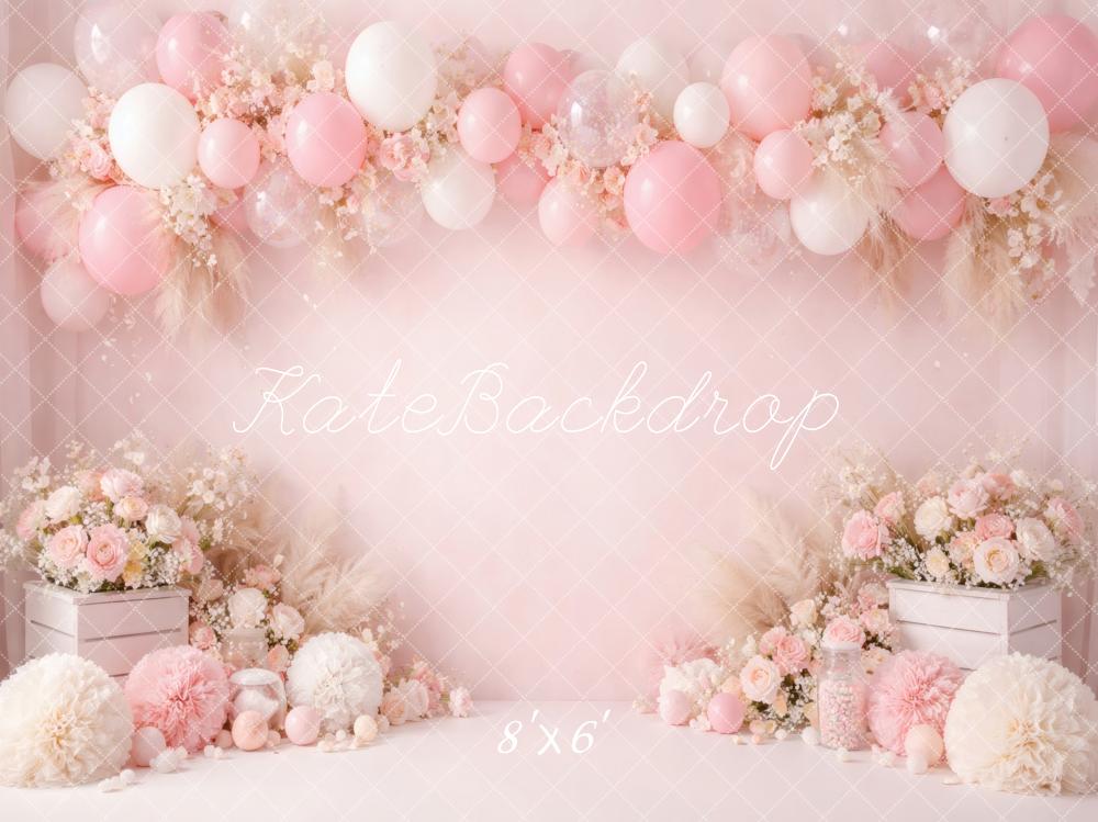 Kate Cake Smash Pink Balloon Flower Arch Pampas Grass Printed Backdrop Designed by Vertigo Productions