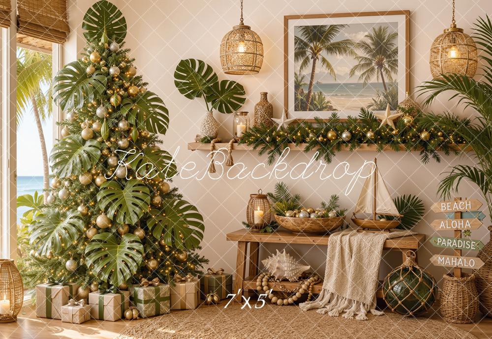 Kate Christmas Tree Tropical Beach Fireplace Printed Backdrop Designed by Shutter Swan Studios
