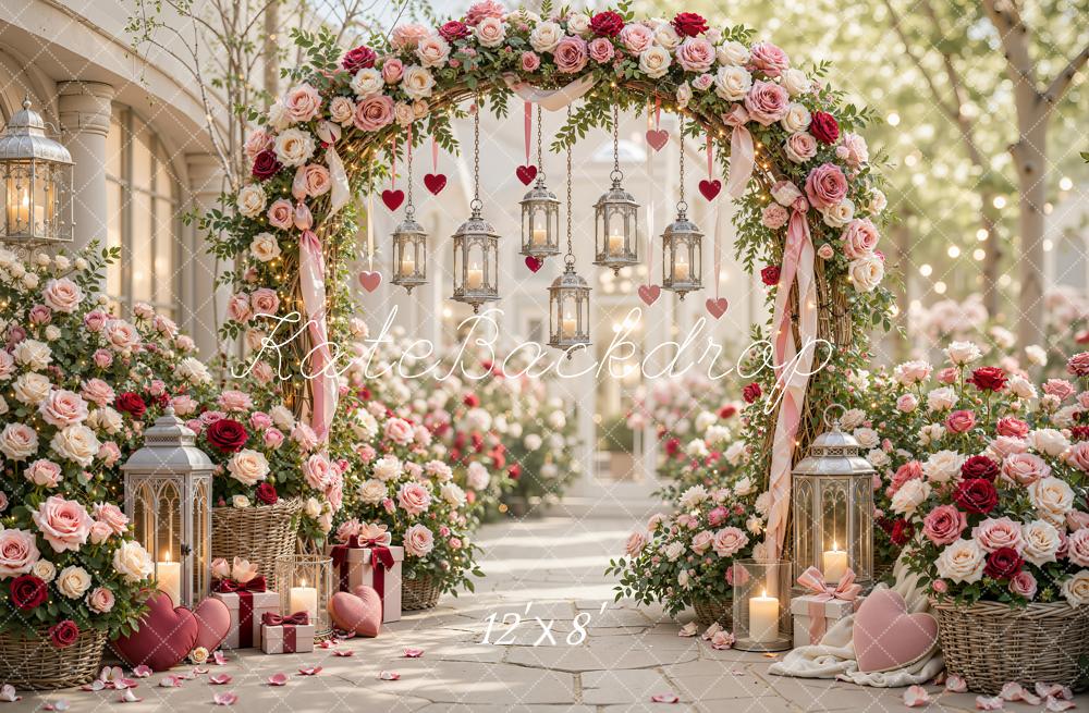 Kate Valentine's Day Flower Arch Lanterns Street Roses Printed Backdrop Designed by Emetselch
