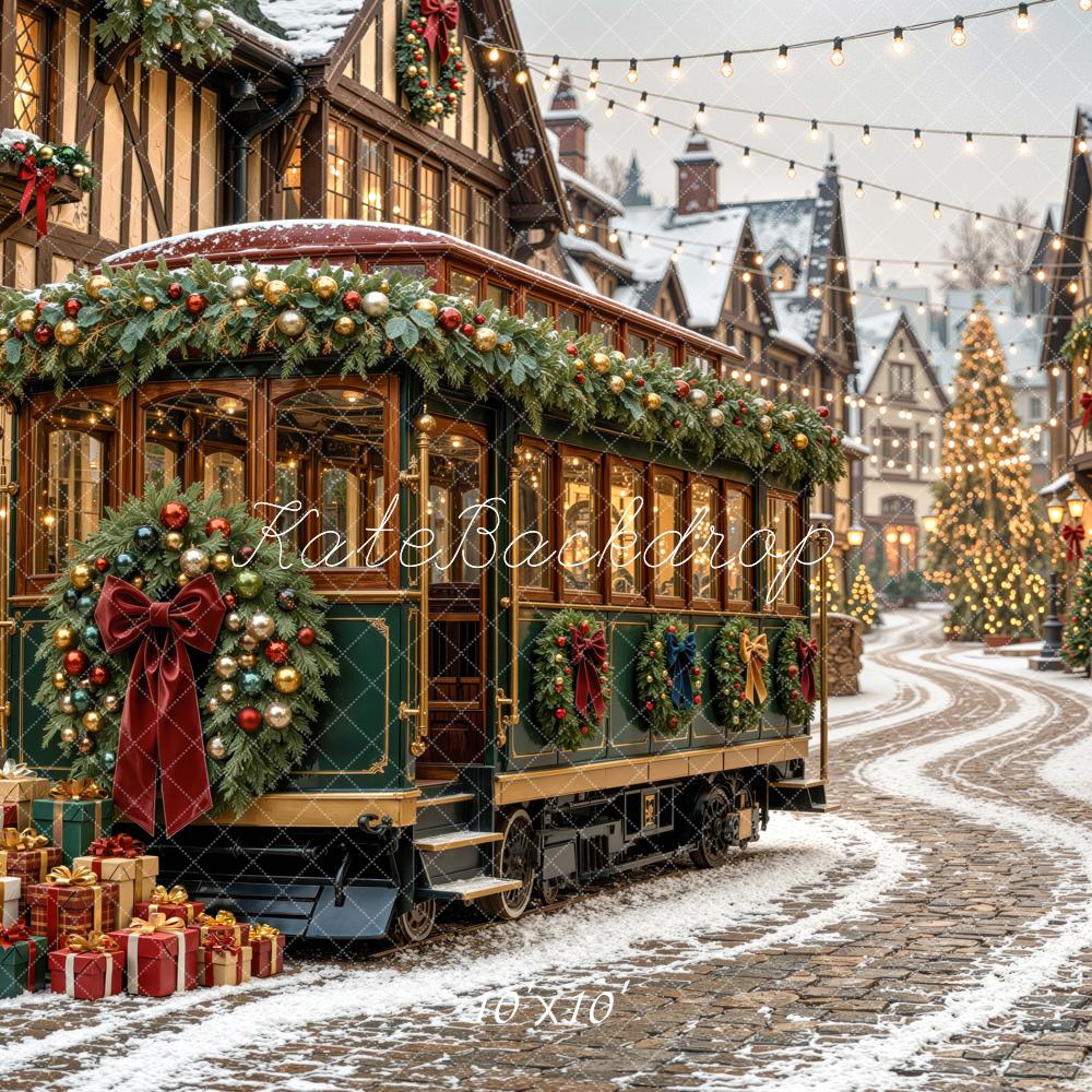 Kate Christmas Trolly Snowy Village Street Printed Backdrop Designed by Mini MakeBelieve