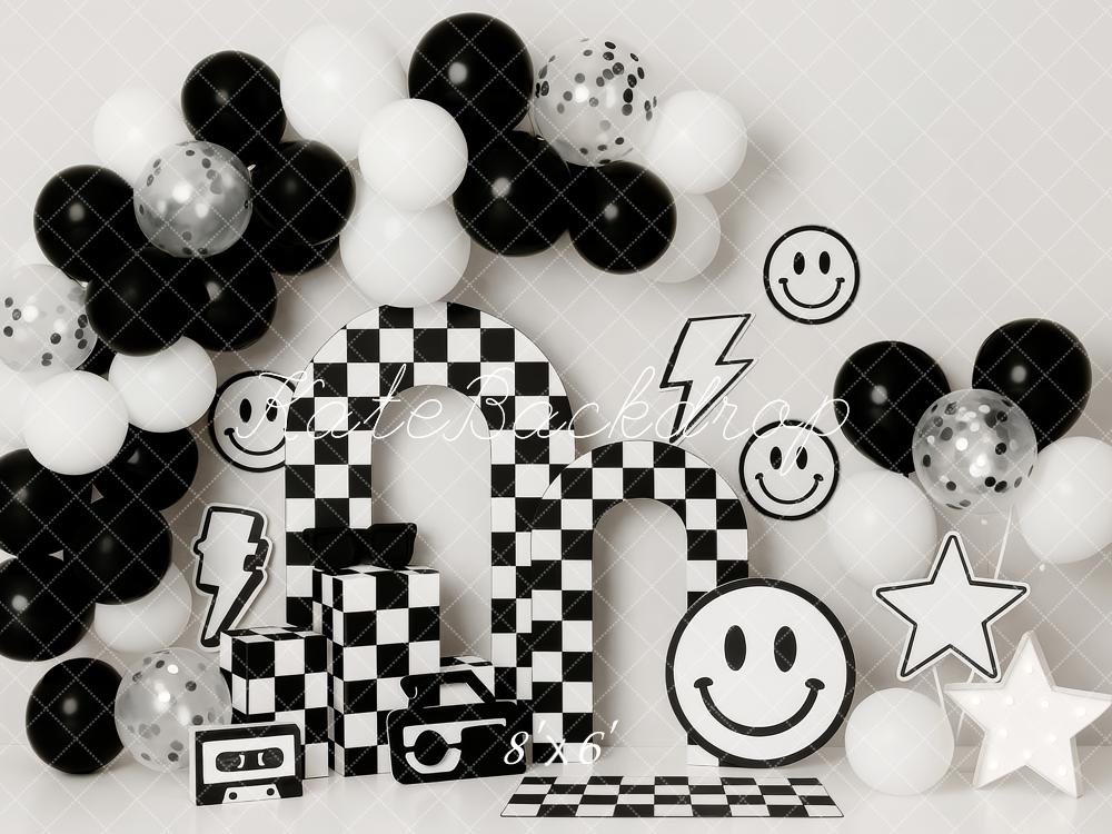 Kate Cake Smash Black White Checkered Arch Balloons Smiley Face Backdrop Designed by Patty Roberts