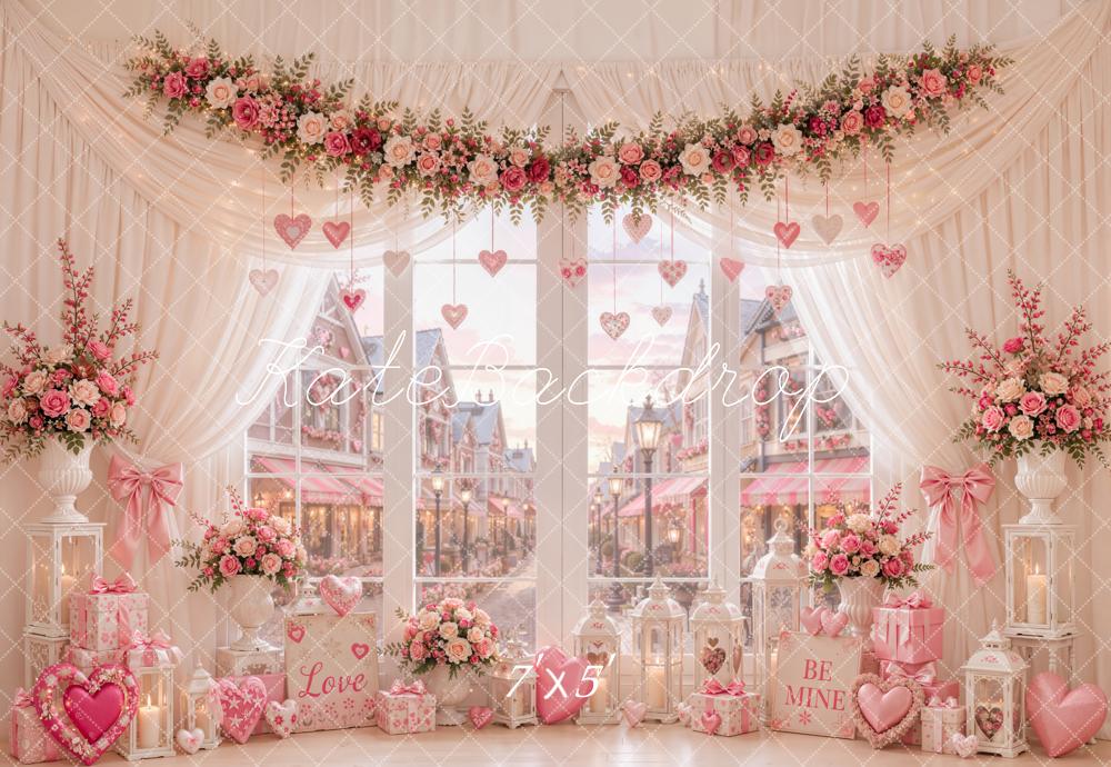 Kate Valentine's Day Floral Window Hanging Hearts Street View Printed Backdrop Designed by Emetselch
