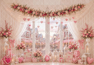 Kate Valentine's Day Floral Window Hanging Hearts Street View Printed Backdrop Designed by Emetselch